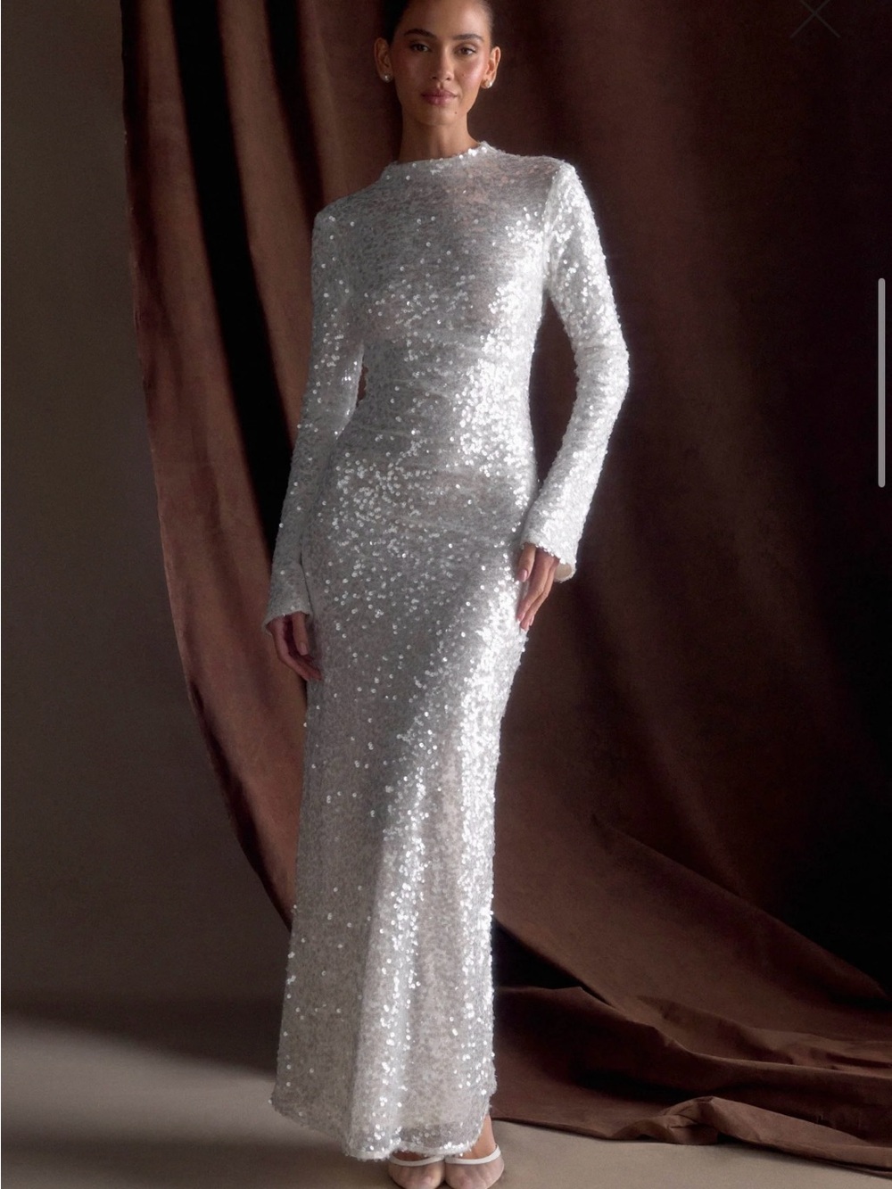 Meshki Silver Sequin Long-Sleeve Evening Gown